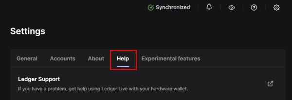 Ledger Live Settings Help Tab