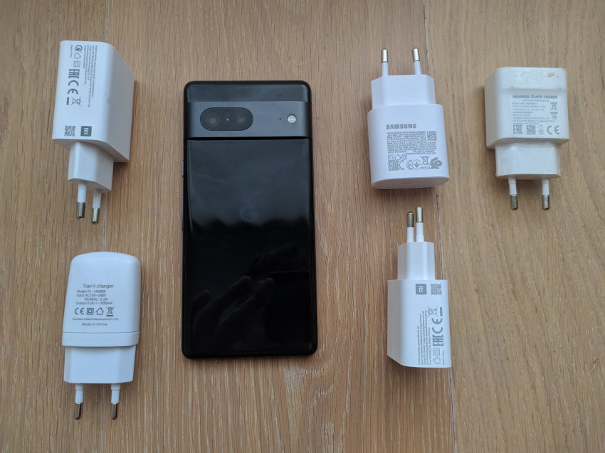 Google Pixel 7 with different charging Adapters.